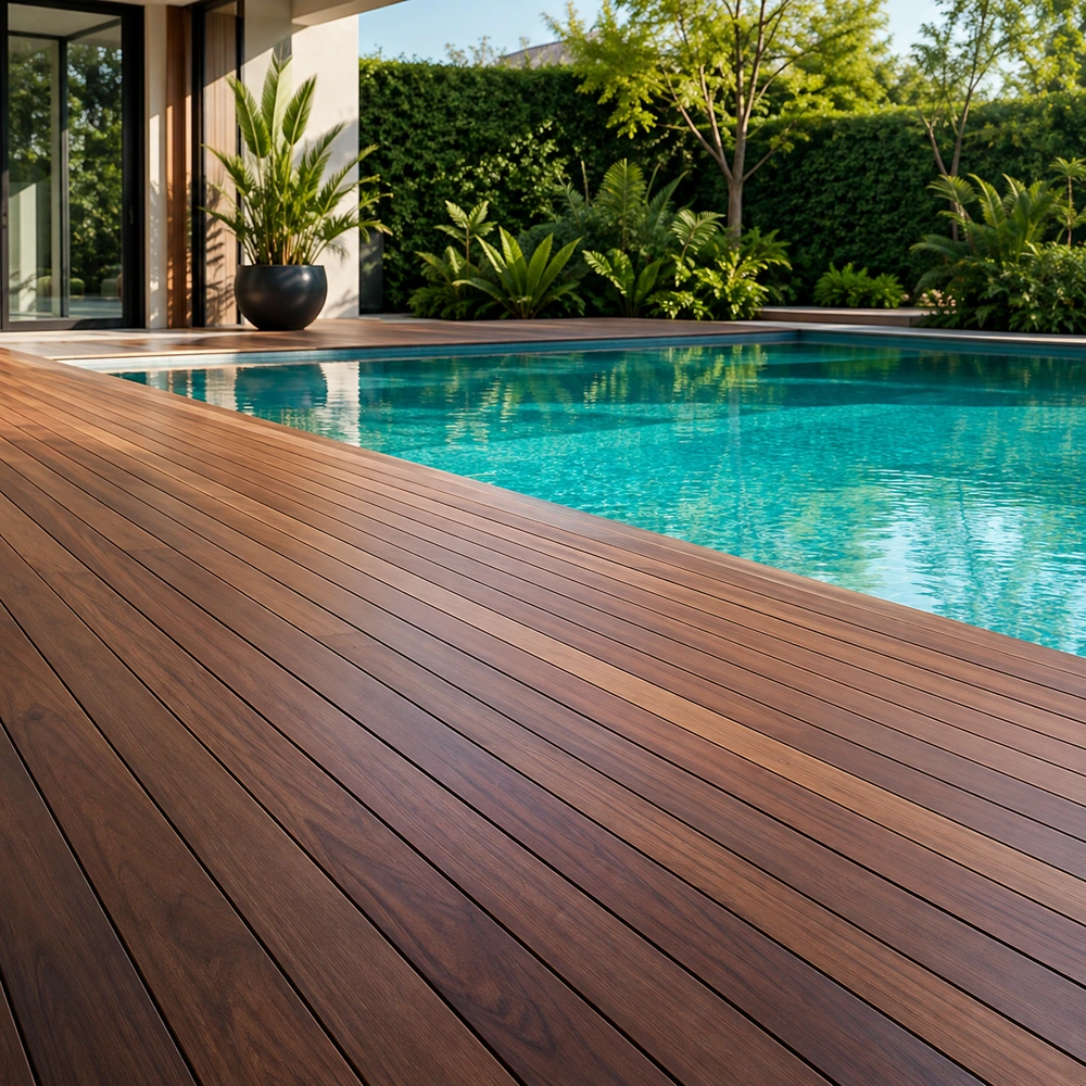 Wood decking beside a swimming pool